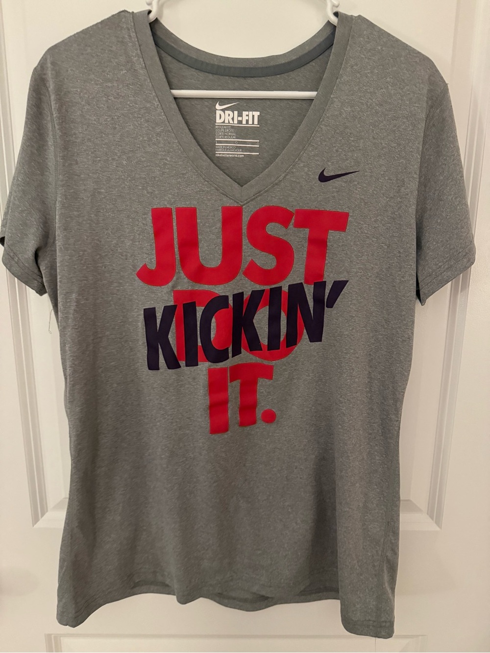 Nike Gray Dri-FIT V-Neck Tee with Red & Purple 'Just Kickin' It' Graphic